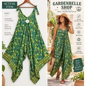 Gardenbelle Shop Jumpsuit Womens OS Green Floral Silk Blend Wide Leg Tie NWT